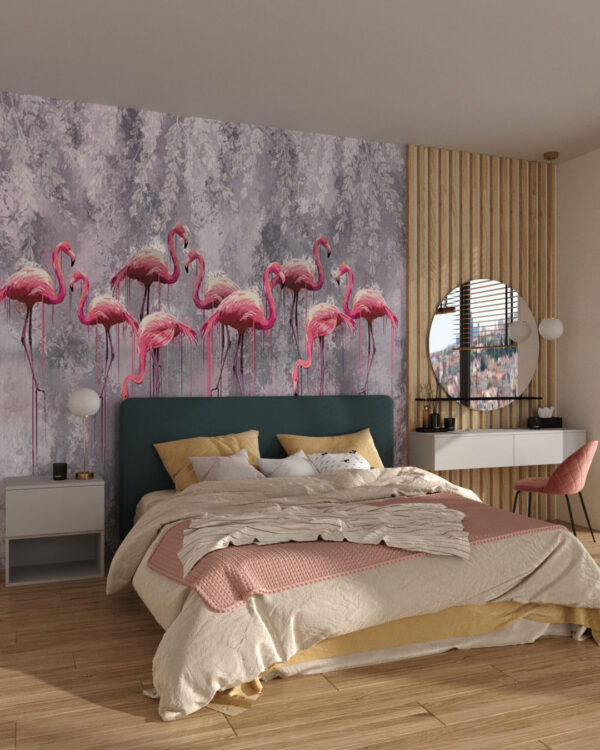 Дизайнерские обои с фламинго розового цвета на сером декоративном фоне в спальне