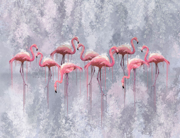 Дизайнерские обои с фламинго розового цвета на сером декоративном фоне