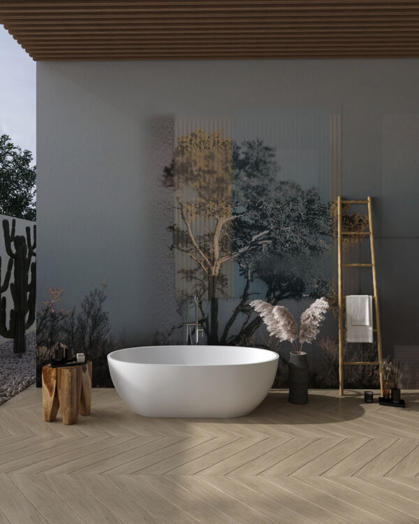 Дизайнерські шпалери дерево на геометричному тлі у сірих тонах у ванній кімнаті