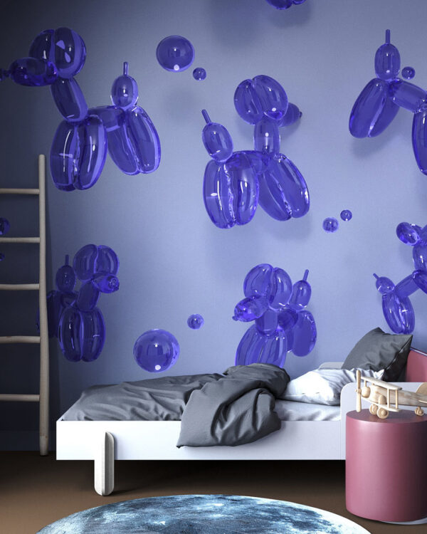 3Д шпалери з фіолетовими повітряними кульками у формі собачок на сірому фоні у дитячій кімнаті