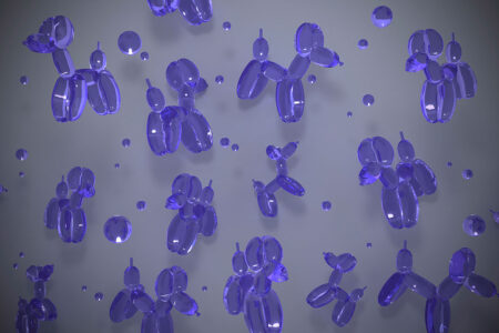 3Д шпалери з фіолетовими повітряними кульками у формі собачок на сірому фоні