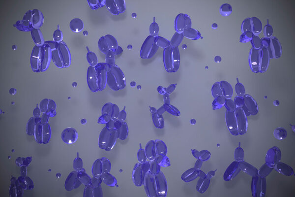 3Д шпалери з фіолетовими повітряними кульками у формі собачок на сірому фоні