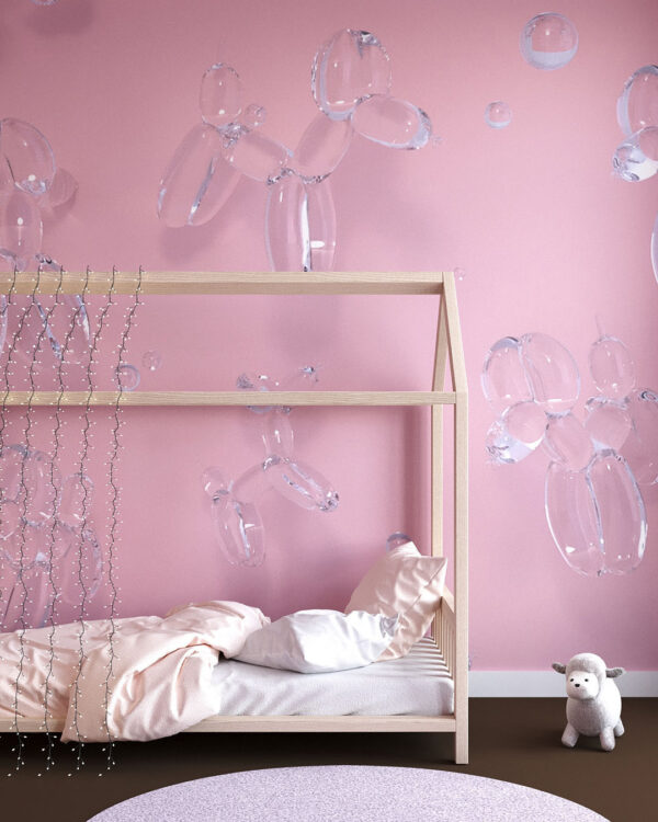 3Д обои с воздушными шариками в форме собачек на нежно-розовом фоне в детской комнате