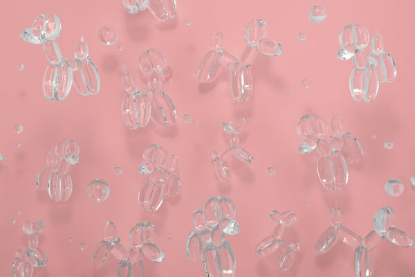 3Д обои с воздушными шариками в форме собачек на нежно-розовом фоне