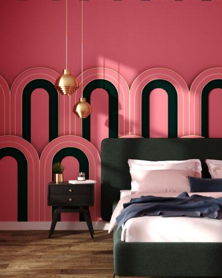 3Д шпалери геометрія з об'ємними рожевими арками та золотим контуром у спальні