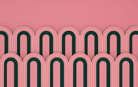 3Д шпалери геометрія з об'ємними рожевими арками з темними вставками та золотим контуром