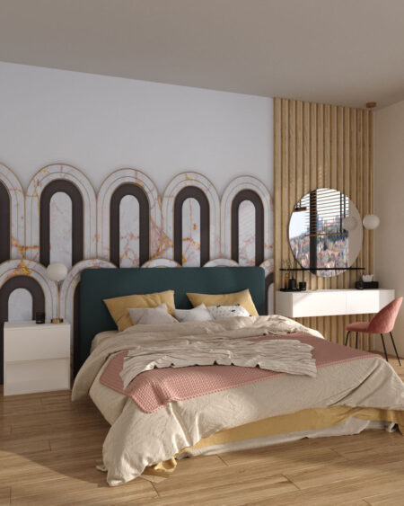 Обои геометрические арки с текстурой под мрамор с золотыми вкраплениями в спальне