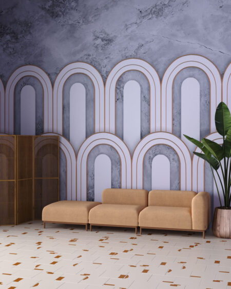 Обои геометрические арки белого цвета с золотой обводкой на фоне текстуры под мрамор в гостиной