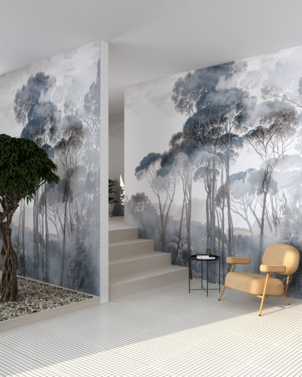 Дизайнерські шпалери ліс із зображенням високих італійських сосен у вітальні