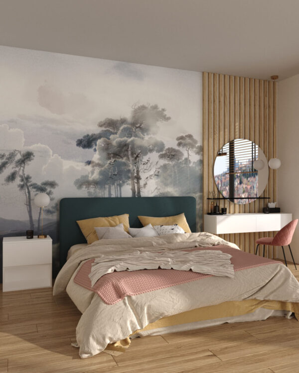 Шпалери ліс із зображенням високих італійських сосен та хмар у спальні