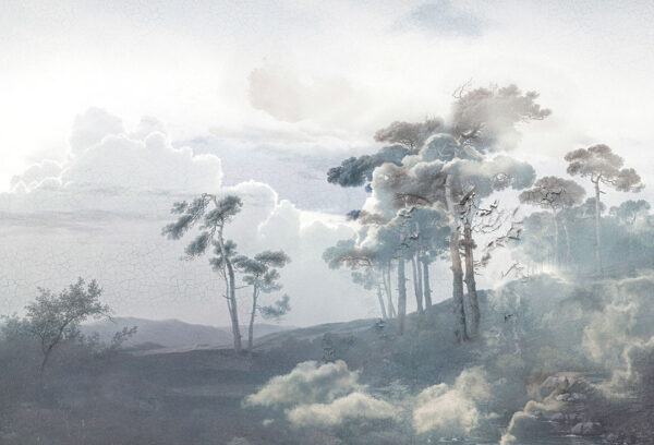 Дизайнерські шпалери ліс із зображенням високих італійських сосен та хмар, з декоративною текстурою