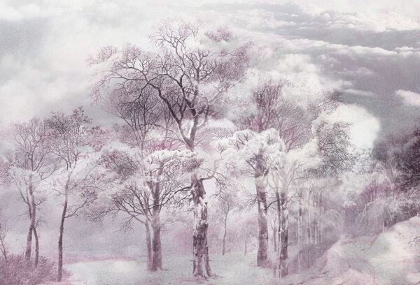 Дизайнерські фотошпалери ліс у тумані в рожевих відтінках з текстурою