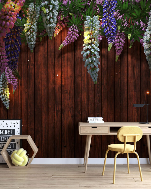 Дизайнерські шпалери 3д квіти люпини на фоні під дерево у дитячій кімнаті