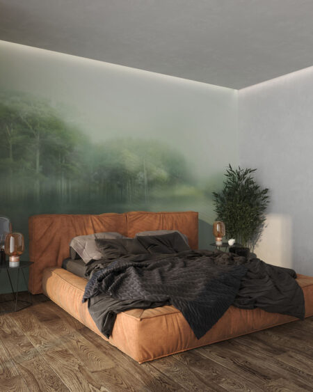 Фотошпалери ліс в тумані над річкою розмиті зелені обриси у спальні