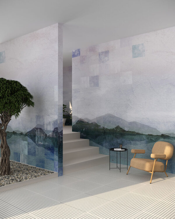 Обои горы и озеро в стиле акварели с геометрическим рисунком в гостиной