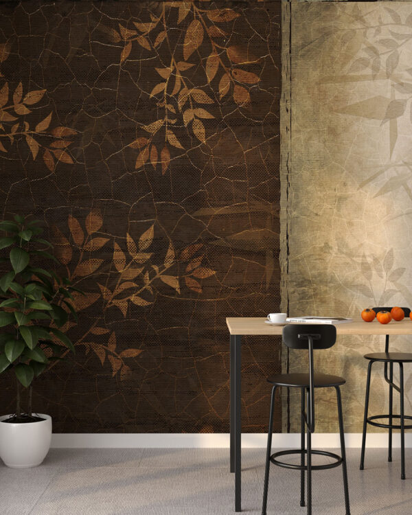 Дизайнерские обои листья в коричневых тонах с текстурой на кухне