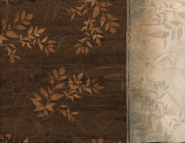 Дизайнерские обои листья в коричневых тонах на декоративном фоне в коричневом и бежевом цвете с текстурой