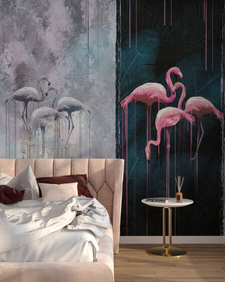 Дизайнерские обои с фламинго серыми и розовыми на декоративном фоне в спальне