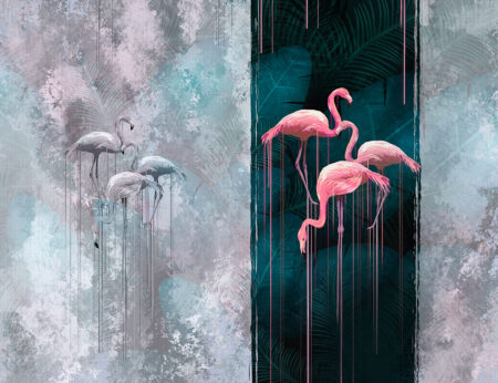 Дизайнерские обои с фламинго серыми и розовыми на декоративном фоне