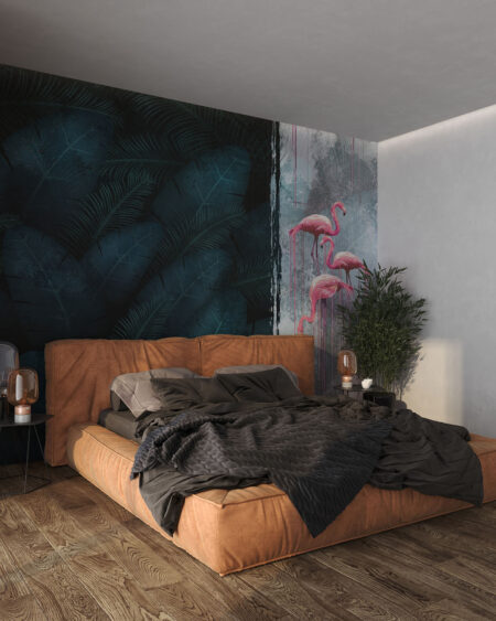 Обои фламинго и тропические листья в графическом стиле в спальне