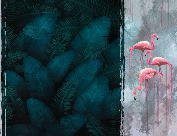 Обои фламинго и тропические листья в графическом стиле