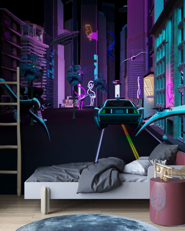 Фотообои город будущего в неоновом свете в подростковую комнату