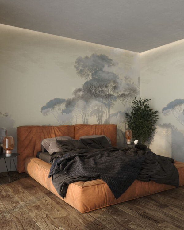 Дизайнерські шпалери ліс із зображенням високих італійських сосен у тумані в спальній кімнаті