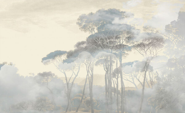 Дизайнерські шпалери ліс із зображенням високих італійських сосен у тумані на тлі сходу сонця