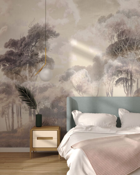 Дизайнерські шпалери ліс із зображенням високих італійських сосен у спальній кімнаті