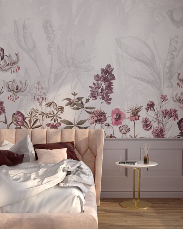 Фотообои цветы на светлом фоне с 3д панелями бежевого цвета в спальне
