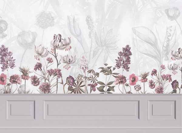 Фотообои цветы и их очертания на светлом фоне с 3д панелями бежевого цвета