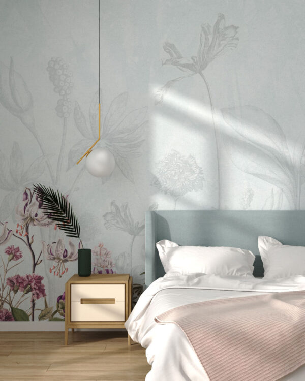 Дизайнерські шпалери барвисті квіти та їх контури олівцем на світлому тлі у спальні