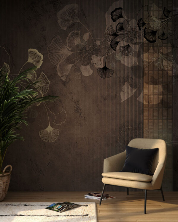 Фотошпалери листя Гінкго графіка у східному стилі на вінтажному коричневому тлі у вітальні