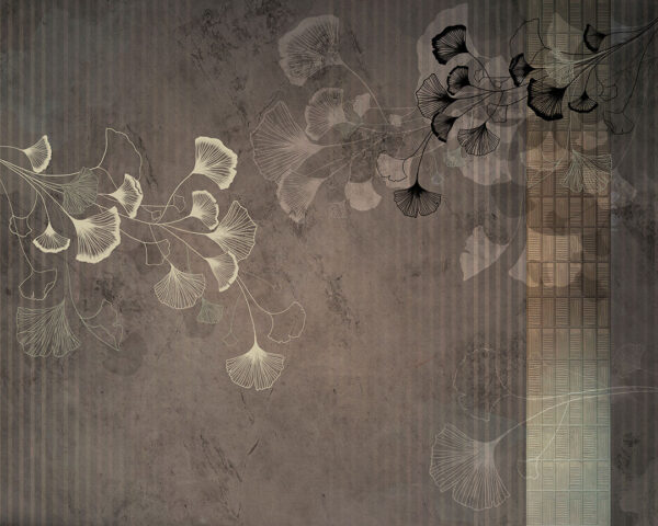 Фотошпалери листя Гінкго графіка у східному стилі на вінтажному коричневому тлі з текстурою