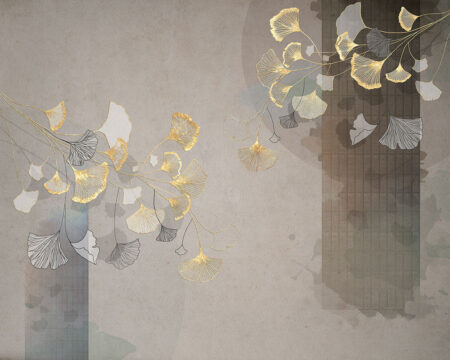 Фотообои золотые листья Гинкго в восточном стиле на декоративном фоне в бежевых тонах