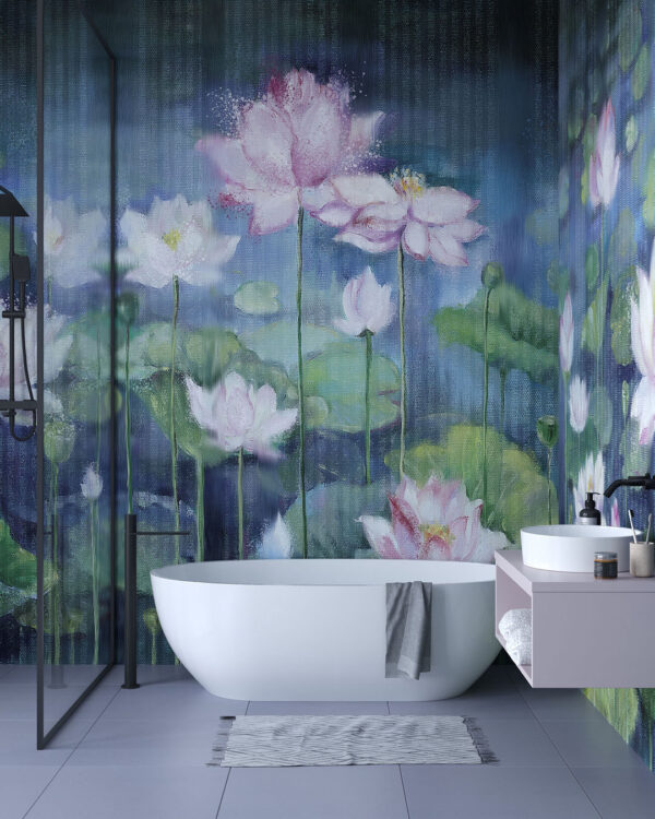 Дизайнерські шпалери лотоси в озері у стилі імпресіонізм у ванній кімнаті