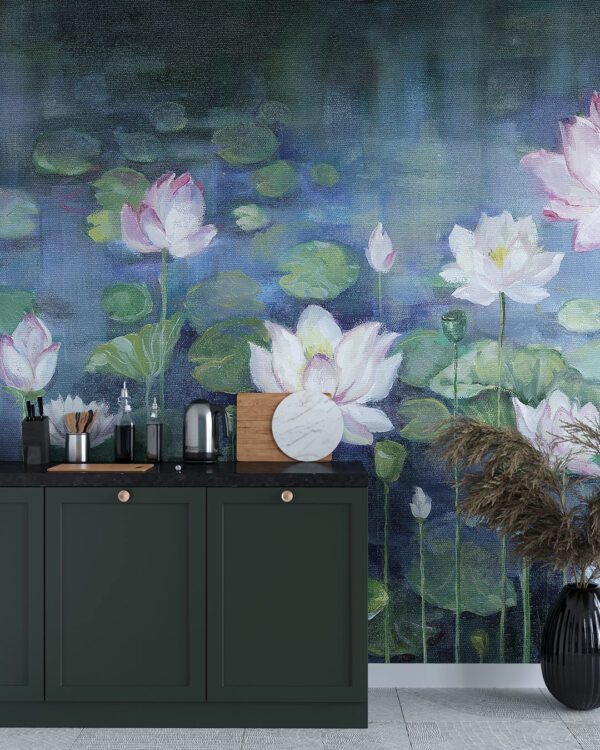 Сучасні фотошпалери з квітами лотосів на тлі озера намальовані в акварельному стилі на кухні