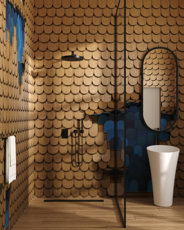 3Д обои текстура деревянной чешуи с синими вставками в ванной