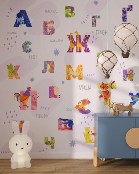 Обои алфавит с красочными иллюстрациями и тематическими названиями в детской