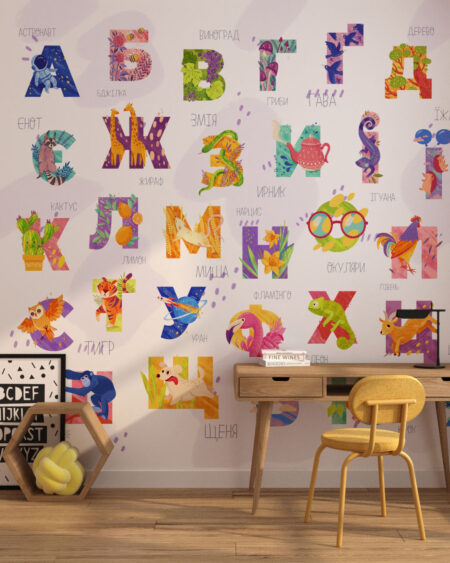 Обои алфавит с красочными буквами и рисунками с названиями в детской комнате