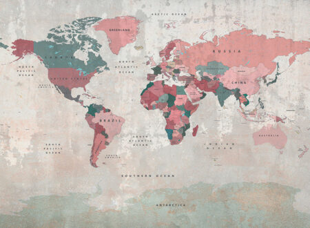 Дизайнерські фотошпалери барвиста карта світу англійською на текстурі стіни з потертостями