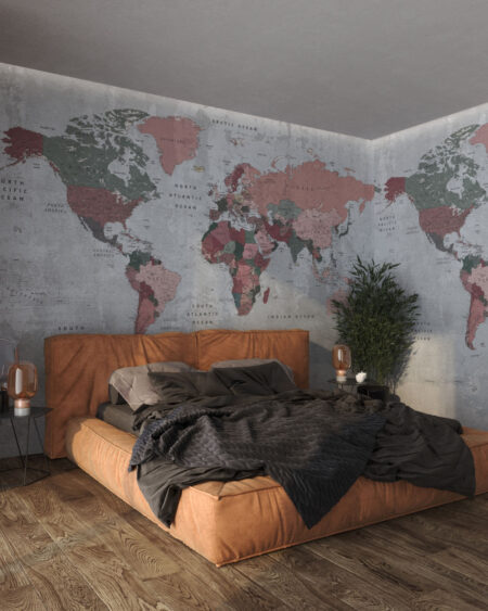 Дизайнерські фотошпалери барвиста карта світу на текстурі бетону у спальні