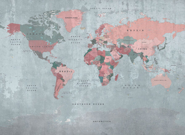 Дизайнерські фотошпалери барвиста карта світу англійською на текстурі бетону