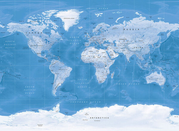 Дизайнерські фотошпалери карта світу англійською синіх відтінків