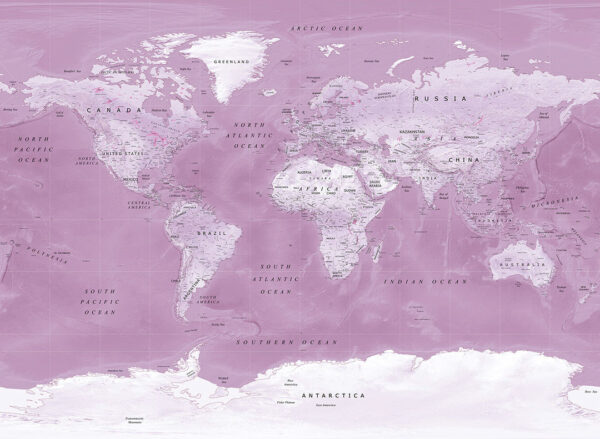 Фотошпалери дизайнерська карта світу англійською на темно-рожевому тлі на кухню