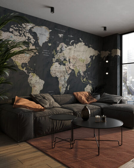 Дизайнерські фотошпалери карта світу англійською на чорному папері текстурі у вітальню
