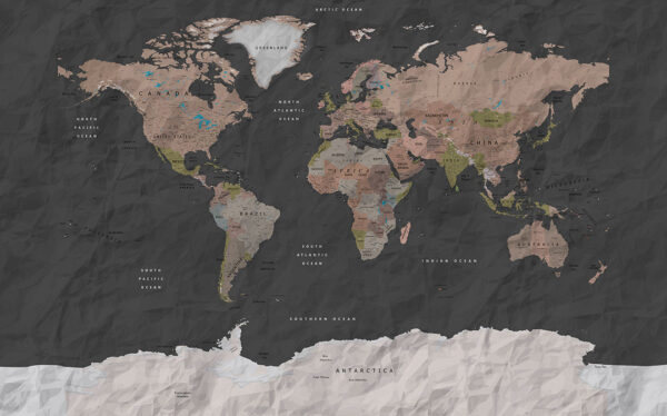 Дизайнерські фотошпалери карта світу англійською на чорному папері текстурі