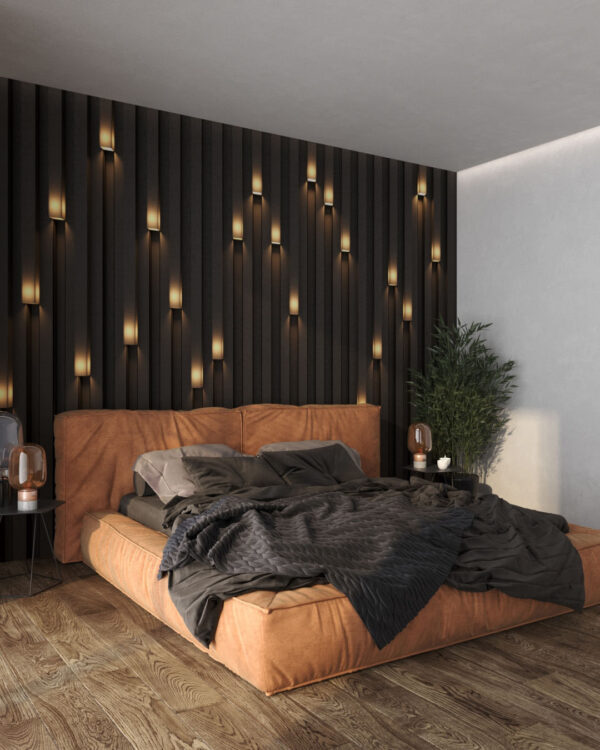 Фотообои объемные 3D панели с эффектом встроенного света в спальне
