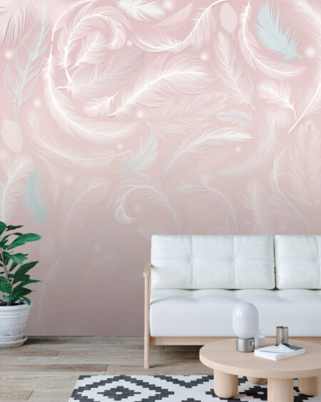 Фотообои перья в полёте на текстуре градиент розового цвета в гостиной