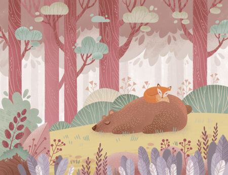 Фотошпалери ведимідь з лисом сплять в яскравому лісі в стилі графіки